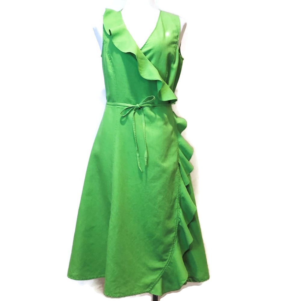 Zara Basic Green Flax Linen Blend Wrap Dress